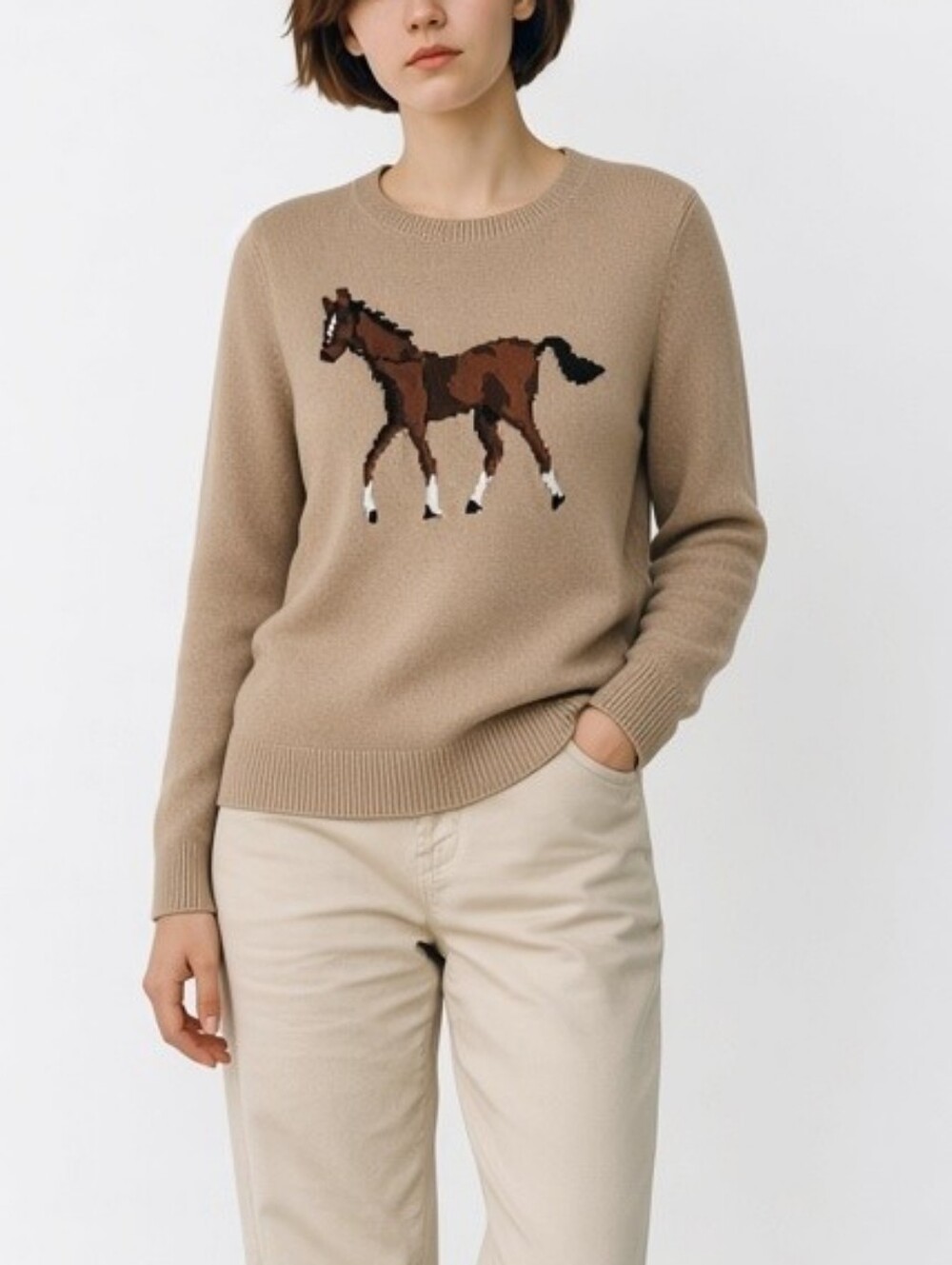 Like New Cozy Talbots Beige Crewneck Sweater with Brown Horse Intarsia Size 1X